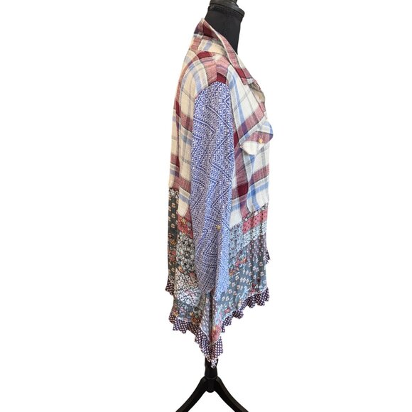 Ali Miles XL Patchwork Plaid Floral Button-Down Oversized Boyfriend Shirt Tunic - Picture 4 of 8